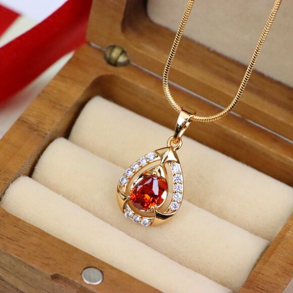 "Red Pear-Shaped Pendant with Gold Finish and Dazzling Accents, XPPT1802 - Picture 7 of 13